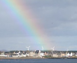 In the background, the three wind turbines of the world famous spiritual community, The Findhorn Foundation, in Scotland.
